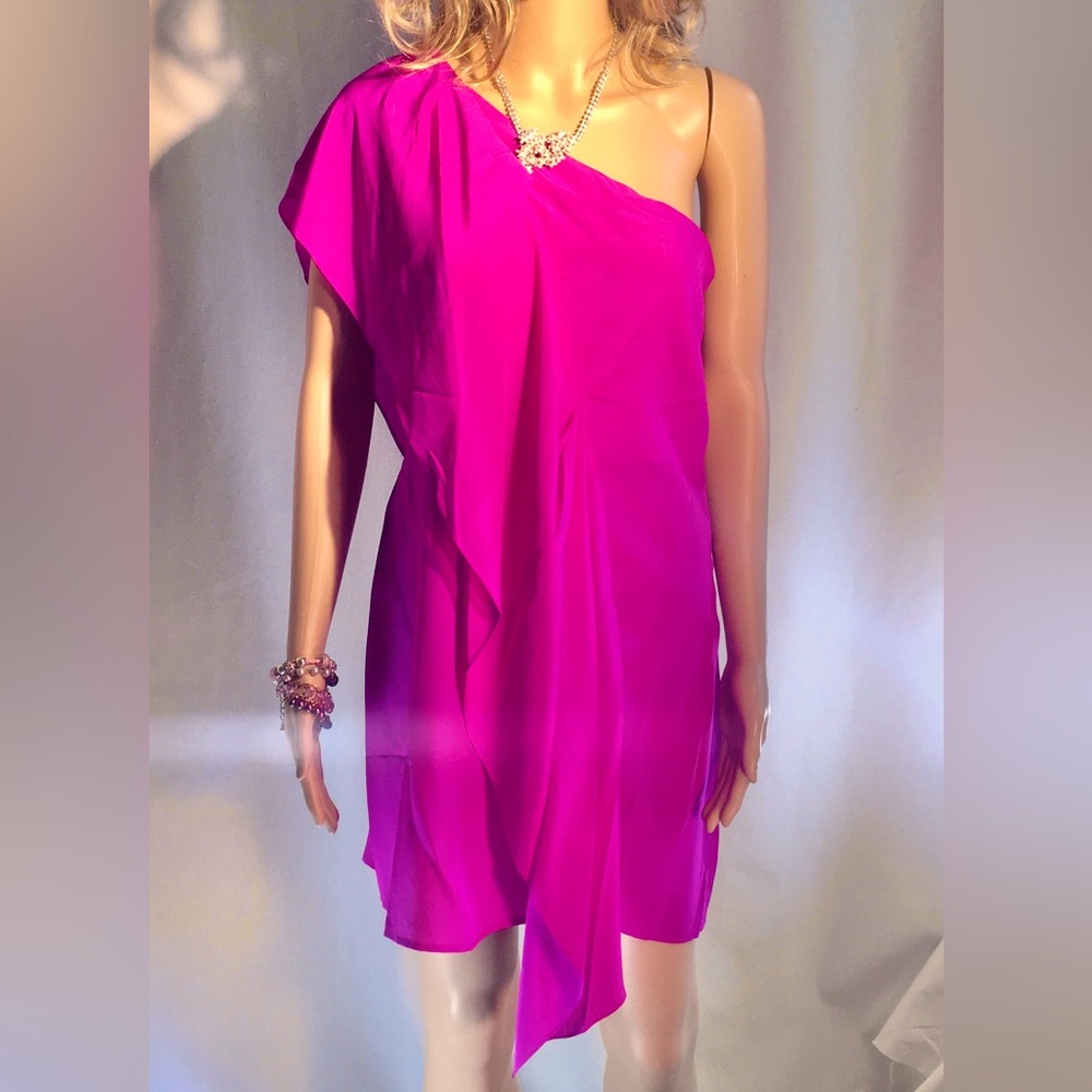 GREYLIN Pink One shoulder Silk Mini dress Draped Feminine Quiet Luxury Elegant - Picture 3 of 13